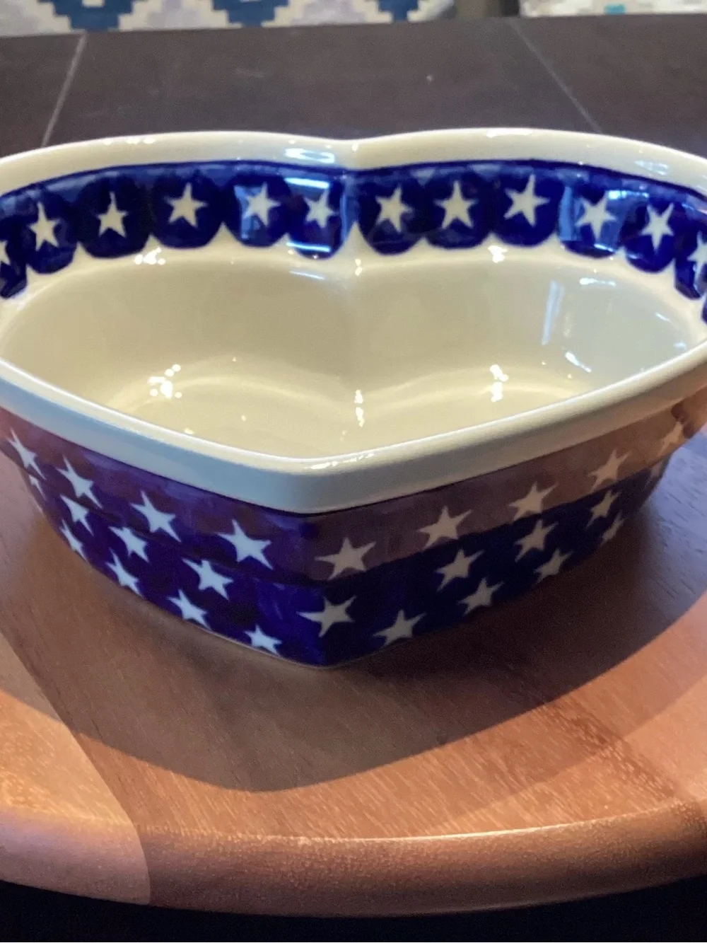 Boleslawiec Polish pottery heart shaped bowl w stars Hand Made Like New